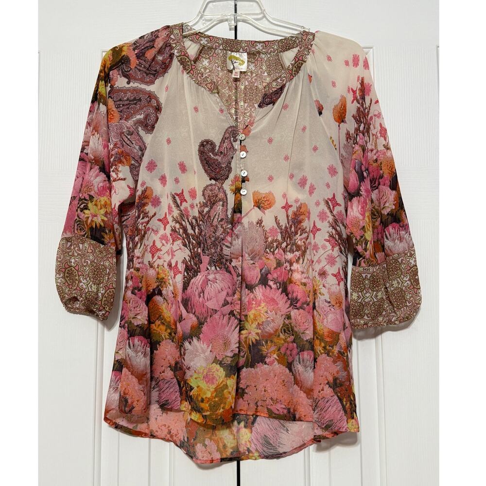 Fig & Flower Floral Print Sheer Blouse, Size M